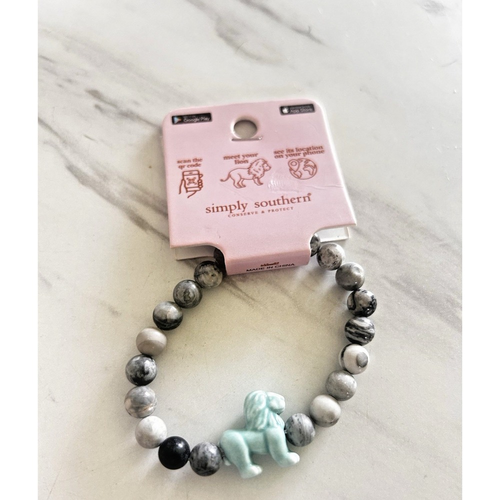 Simply Southern Conserve & Protect Tracking Lion Bracelet Gray Marbled Stones #9